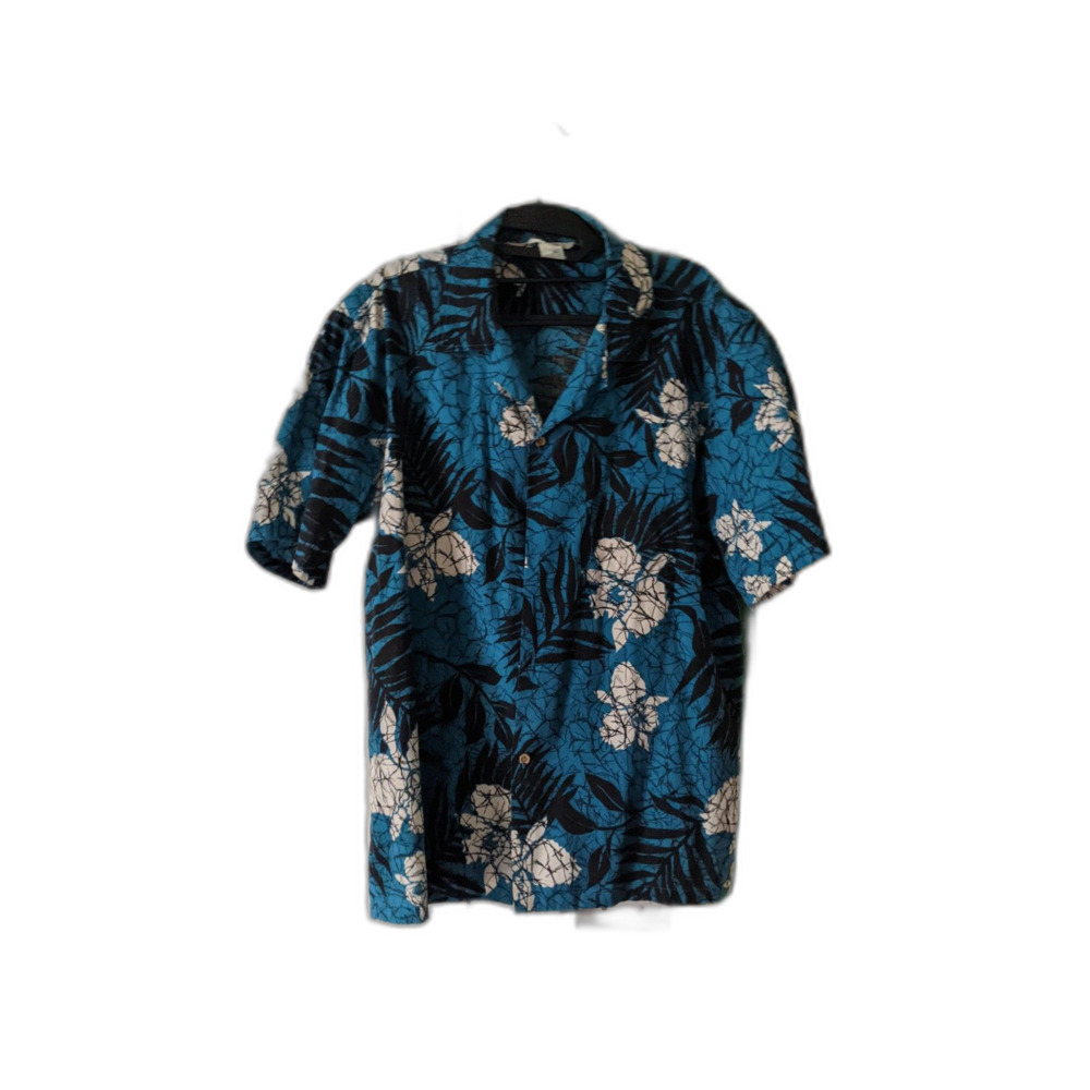 Made in Hawaii L royal blue Scion Hawaiian shirt with black and white floral
